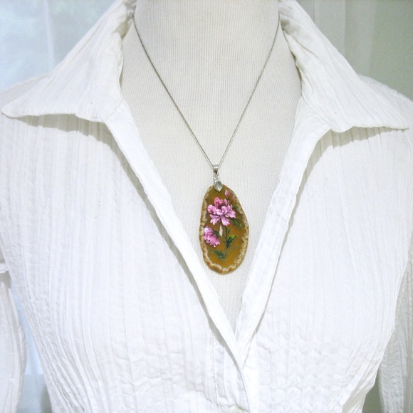 Agate Necklace, Hand-Painted Pendant, Floral - Picture 3 of 6